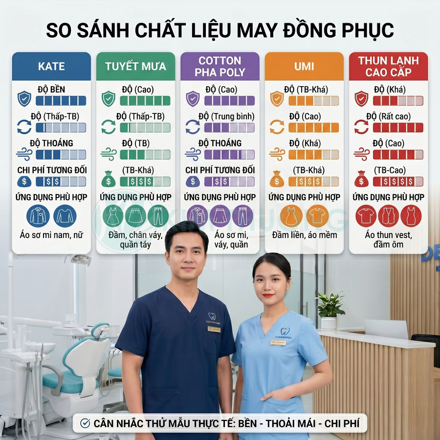Bảng so sánh chất liệu may đồng phục và hai nhân viên y tế mặc đồng phục màu xanh trong phòng khám nha khoa