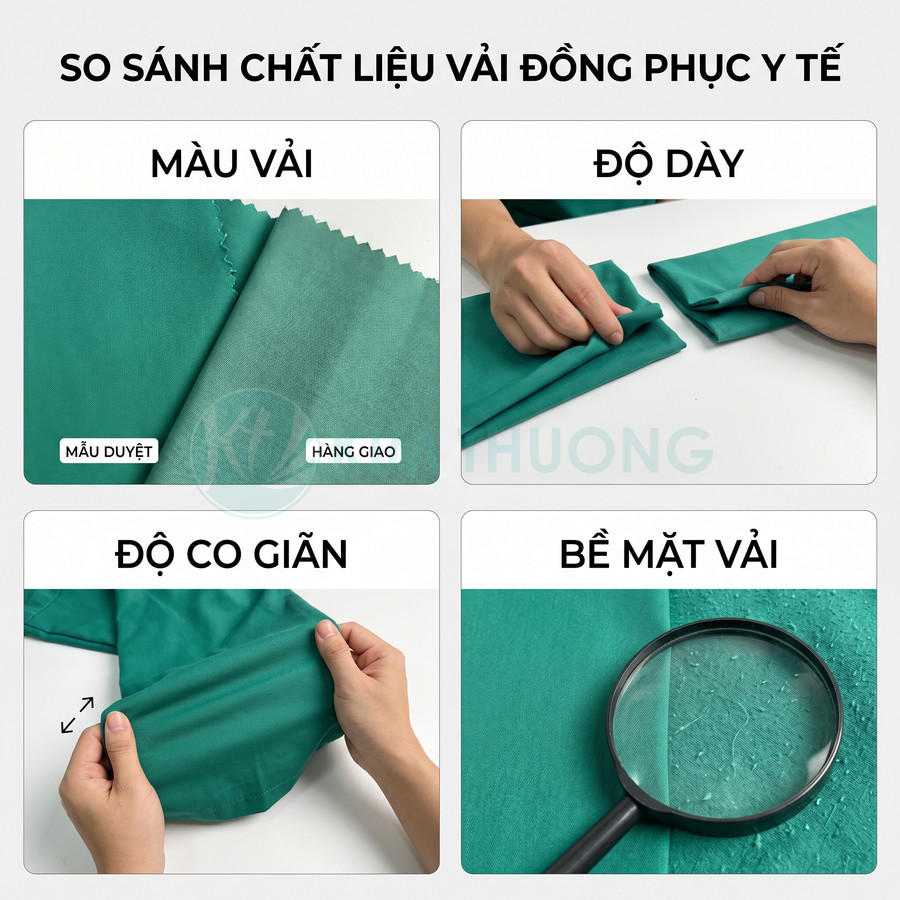 So sánh chất liệu vải đồng phục y tế về màu sắc, độ dày, độ co giãn và bề mặt vải