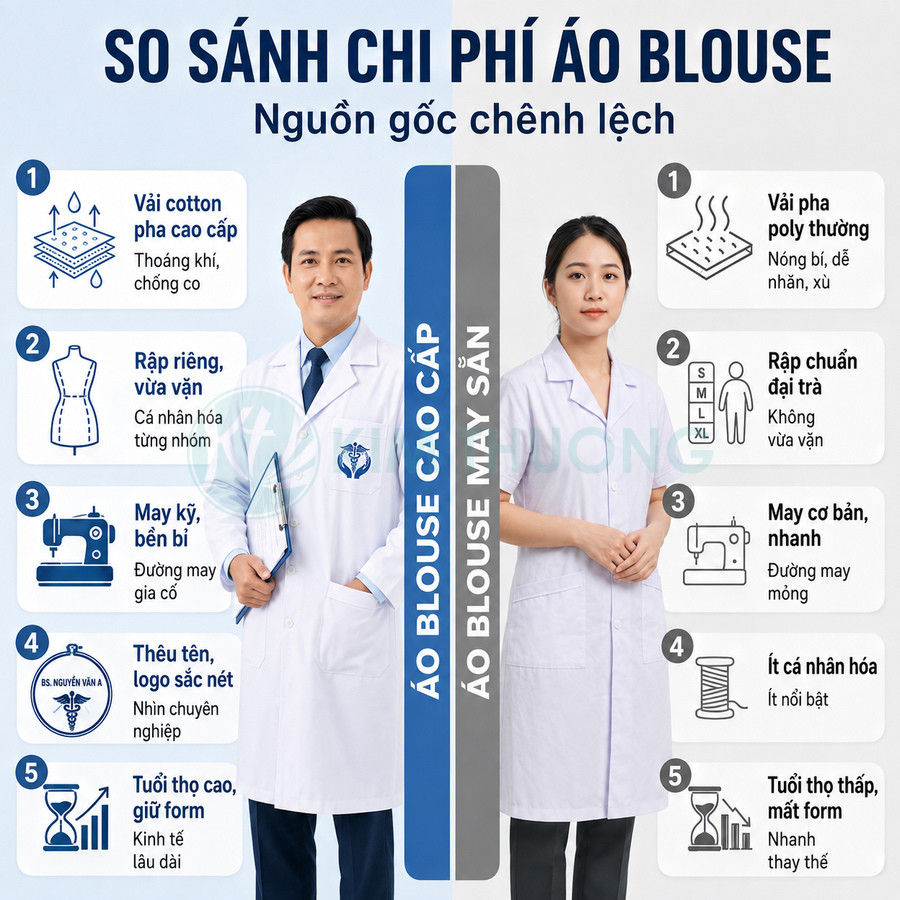 So sánh áo blouse cao cấp và áo blouse may sẵn với bác sĩ nam nữ mặc thử