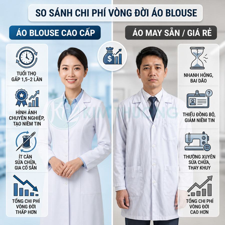 So sánh áo blouse cao cấp và áo blouse may sẵn giá rẻ cho bác sĩ nam nữ trong bệnh viện
