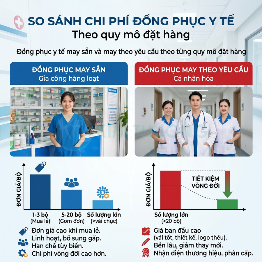 So sánh chi phí đồng phục y tế may sẵn và may theo yêu cầu với hình ảnh nhân viên mặc đồng phục