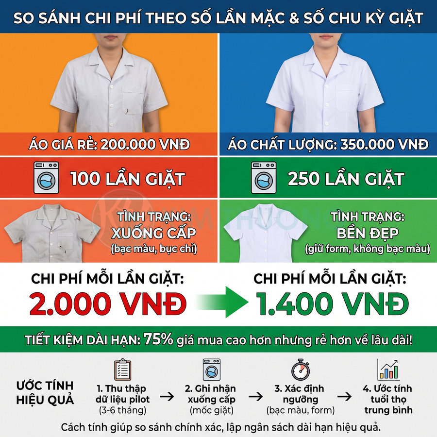 So sánh áo đồng phục giá rẻ và áo chất lượng theo số lần giặt, độ bền và chi phí mỗi lần giặt 񟿿
