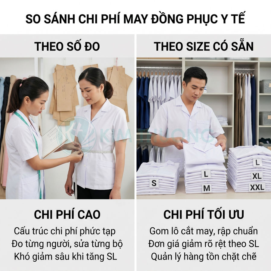 So sánh chi phí may đồng phục y tế theo số đo và theo size có sẵn với áo blouse trắng