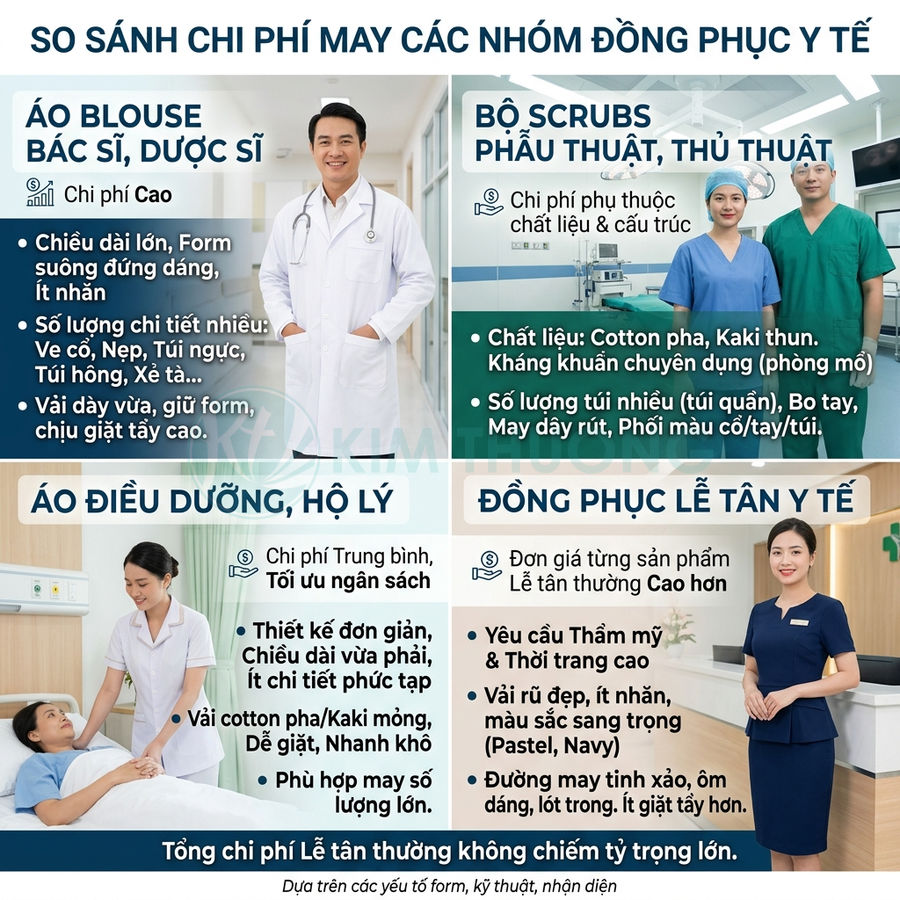 Infographic so sánh chi phí may áo blouse, bộ scrubs, áo điều dưỡng và đồng phục lễ tân y tế