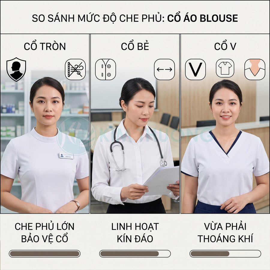 So sánh ba kiểu cổ áo blouse y tế: cổ tròn, cổ bẻ và cổ V trên người mẫu nữ