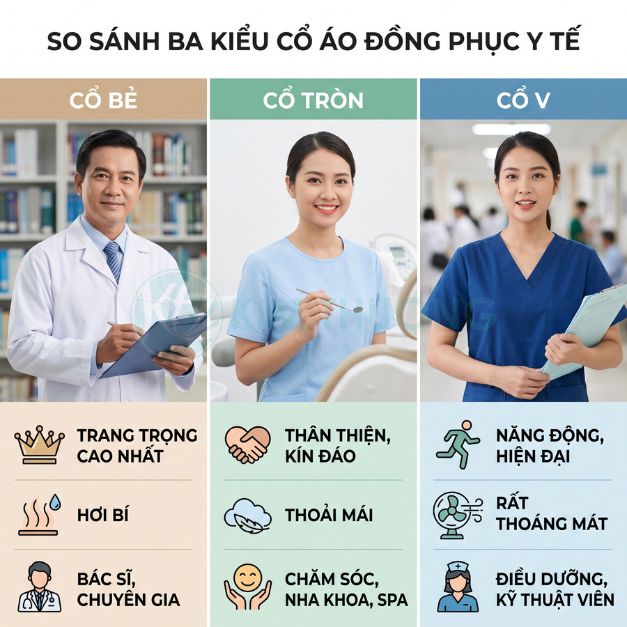So sánh ba kiểu cổ áo đồng phục y tế cổ bẻ cổ tròn và cổ V cho bác sĩ điều dưỡng