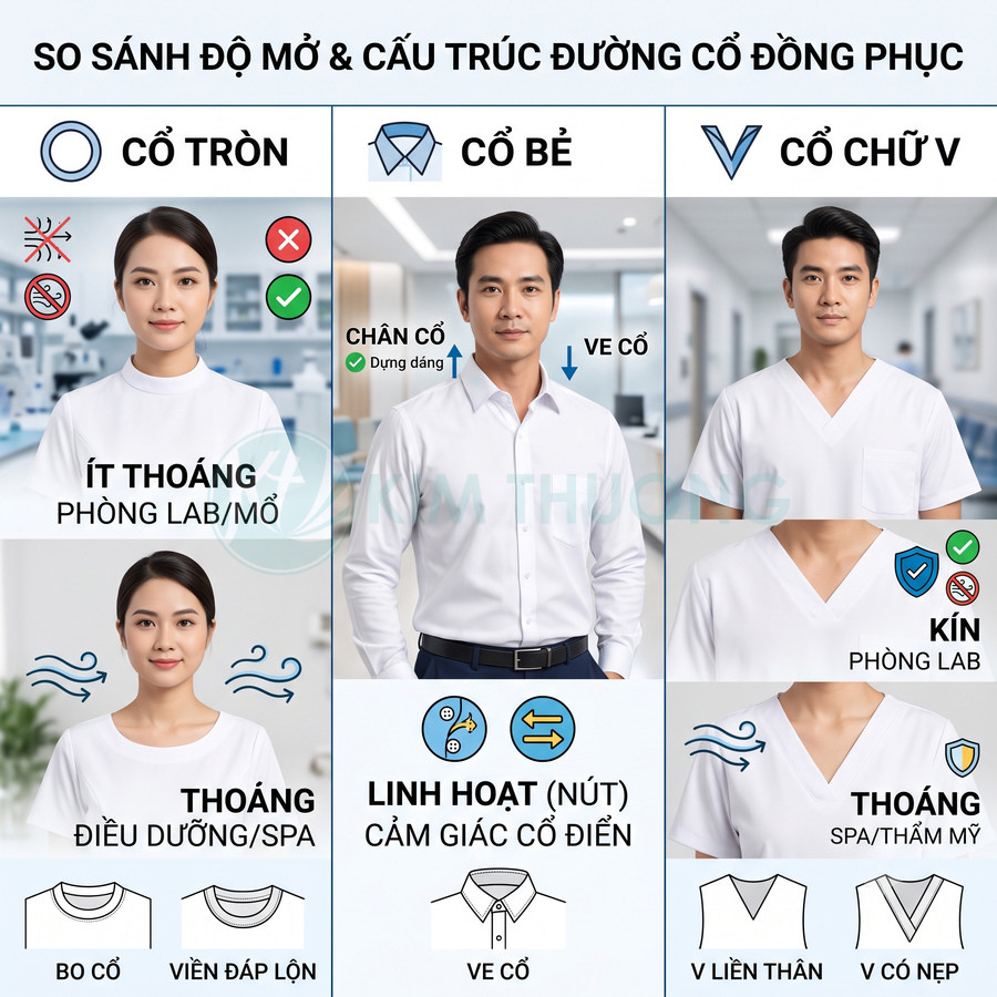 So sánh các kiểu cổ tròn, cổ bẻ, cổ chữ V trên đồng phục y tế và spa màu trắng