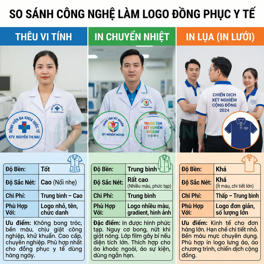 So sánh các công nghệ in thêu logo trên đồng phục y tế áo blouse và áo polo cho nhân viên y tế