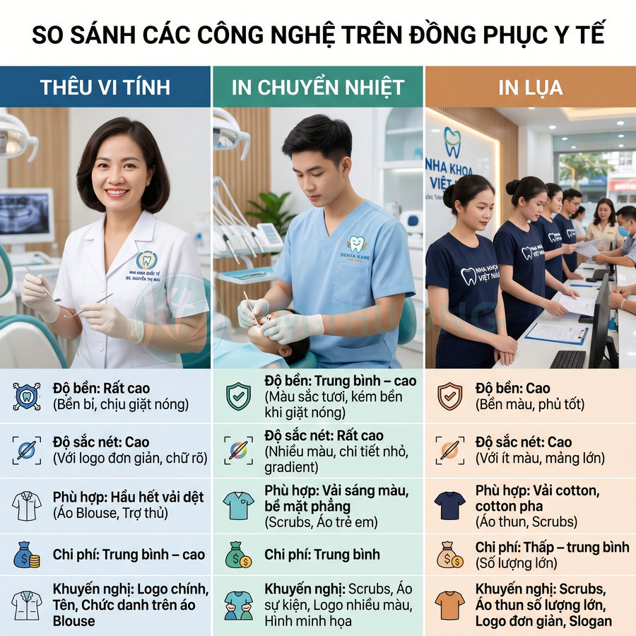 So sánh thêu vi tính, in chuyển nhiệt và in lụa trên đồng phục y tế tại phòng khám nha khoa