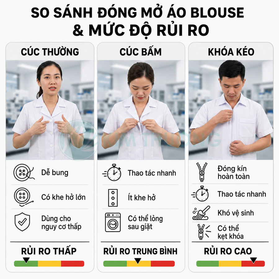 So sánh áo blouse cúc thường cúc bấm và khóa kéo với mức độ rủi ro khi sử dụng