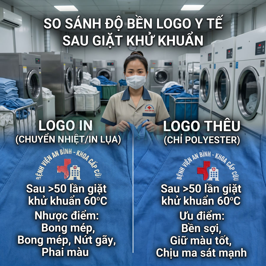 So sánh độ bền logo in và logo thêu trên đồng phục y tế sau nhiều lần giặt khử khuẩn trong bệnh viện