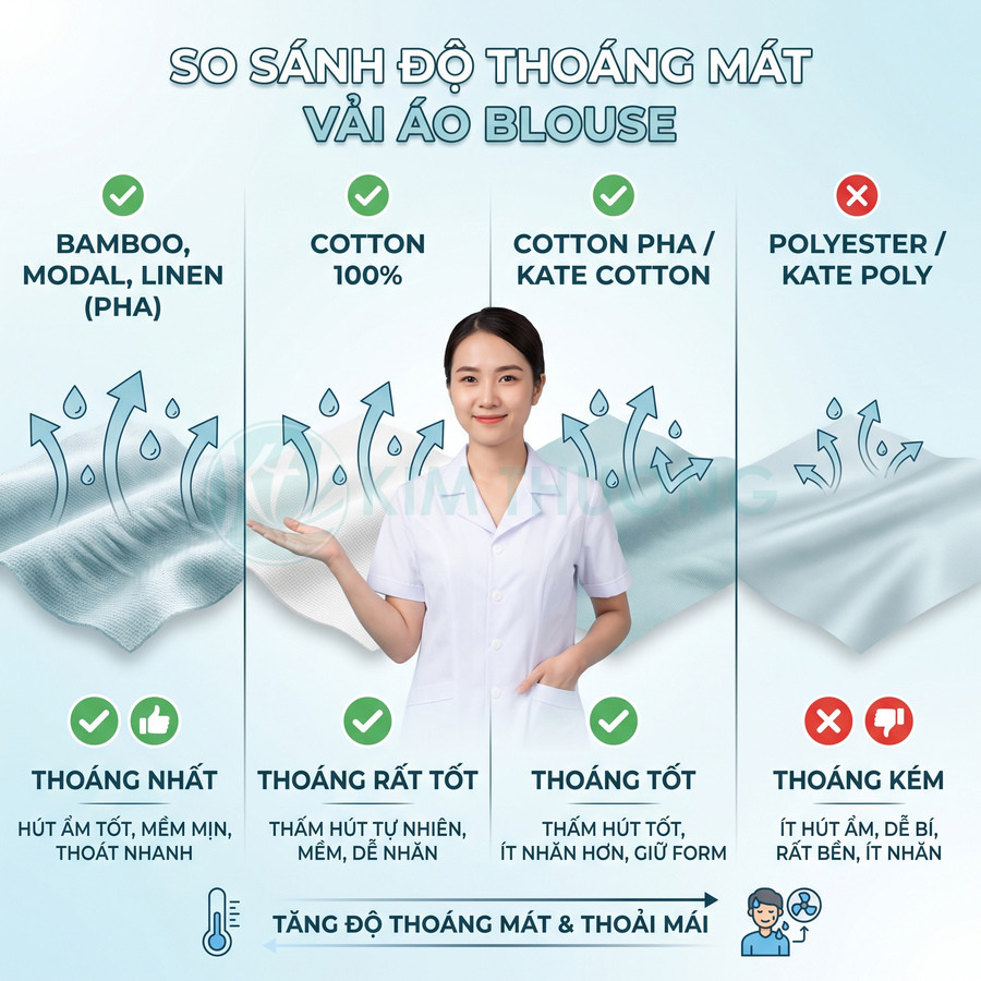 So sánh độ thoáng mát của vải áo blouse cotton, pha cotton và polyester, với mẫu áo blouse trắng