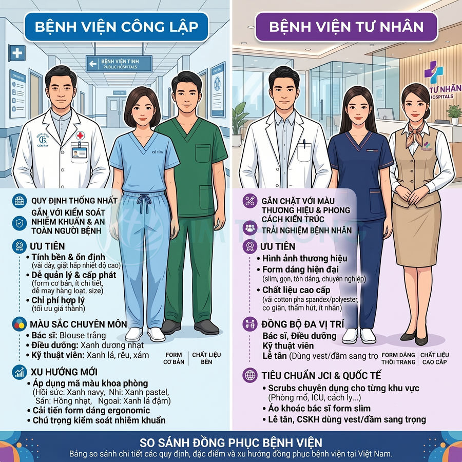 So sánh đồng phục bác sĩ và nhân viên bệnh viện công lập và bệnh viện tư nhân tại Việt Nam