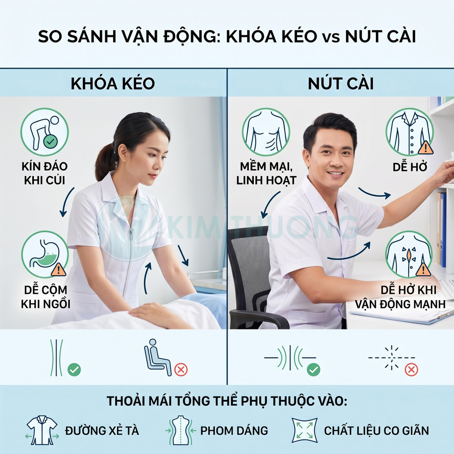 So sánh đồng phục y tá khóa kéo và nút cài khi vận động, nhấn mạnh độ kín đáo và thoải mái