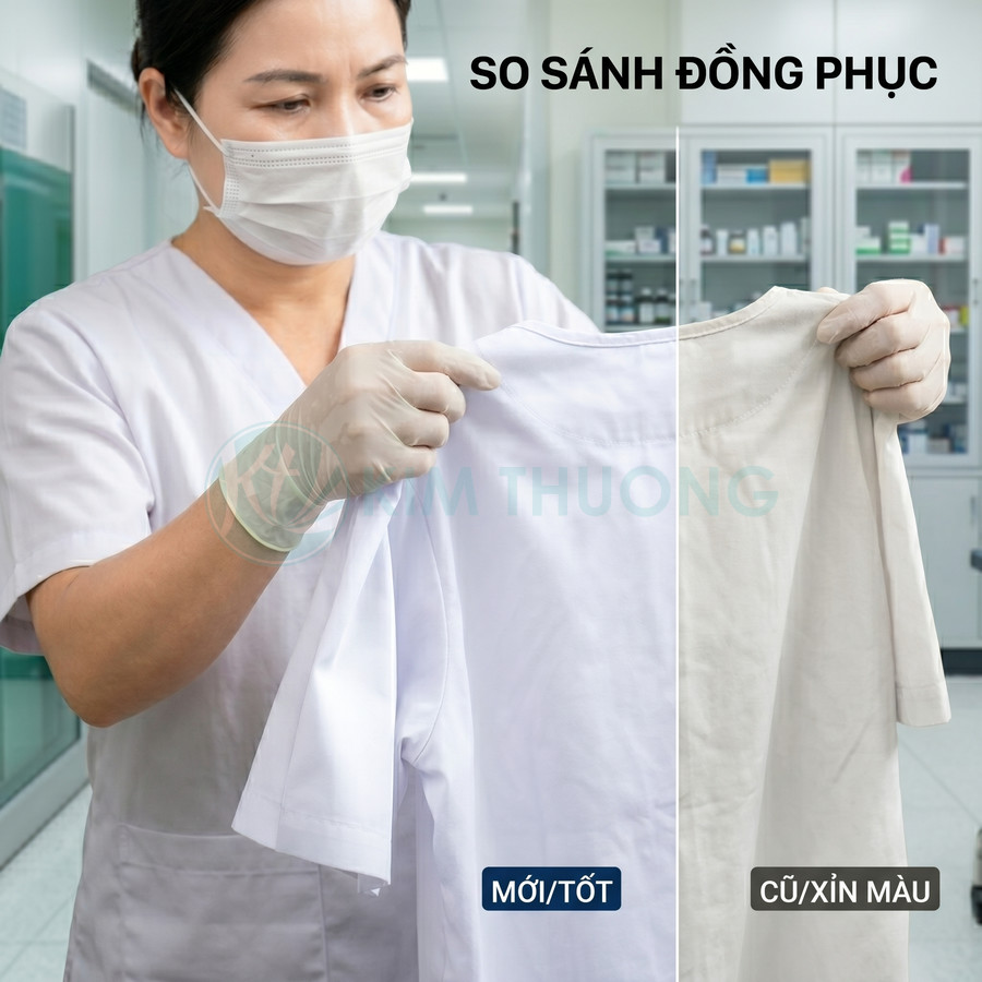 Nhân viên y tế so sánh áo đồng phục mới trắng sáng với áo cũ bị xỉn màu trong phòng khám