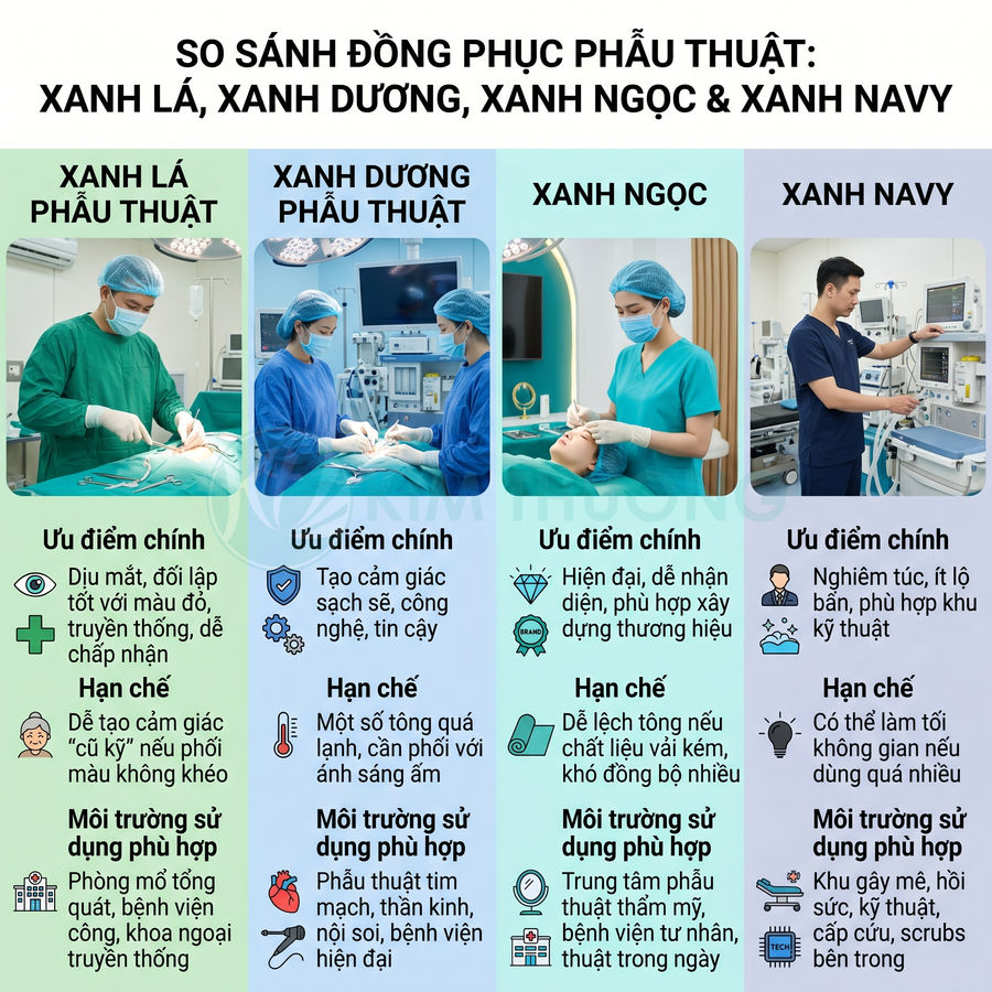 So sánh đồng phục phẫu thuật màu xanh lá, xanh dương, xanh ngọc và xanh navy cùng ưu nhược điểm
