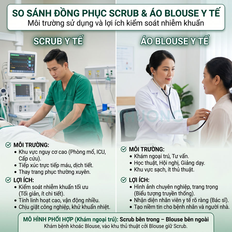So sánh đồng phục scrub y tế màu xanh và áo blouse trắng cho bác sĩ trong bệnh viện