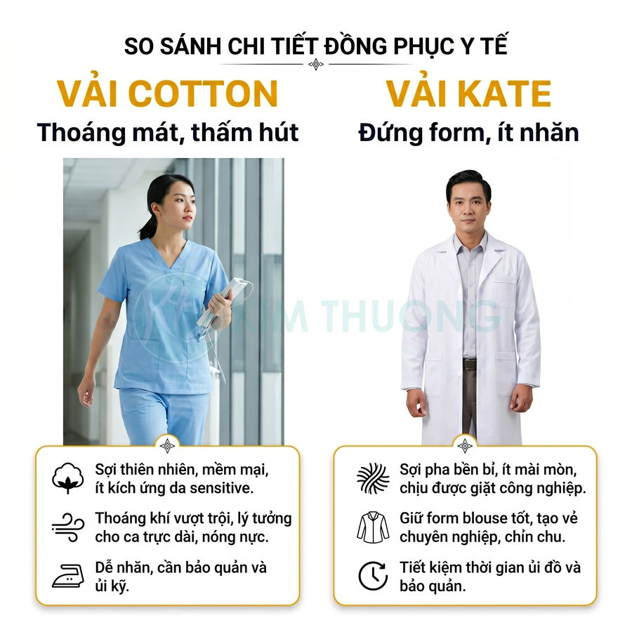 So sánh đồng phục y tế vải cotton màu xanh và vải kate áo blouse trắng cùng ưu nhược điểm