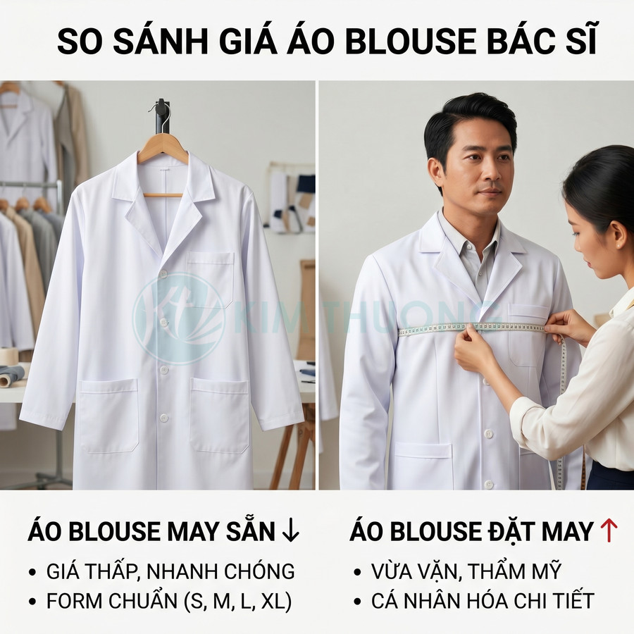 So sánh áo blouse bác sĩ may sẵn treo móc và áo blouse đặt may đo trên người mẫu nam