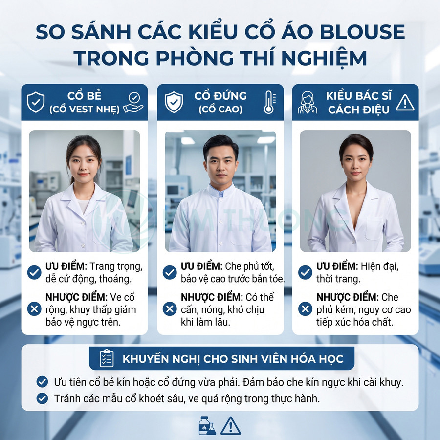 So sánh áo blouse phòng thí nghiệm cổ bẻ, cổ đứng và kiểu bác sĩ cách điệu dành cho sinh viên hóa học