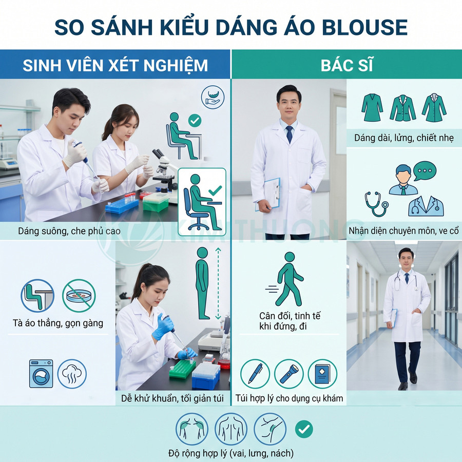 So sánh kiểu dáng áo blouse cho sinh viên xét nghiệm và bác sĩ trong phòng thí nghiệm và bệnh viện