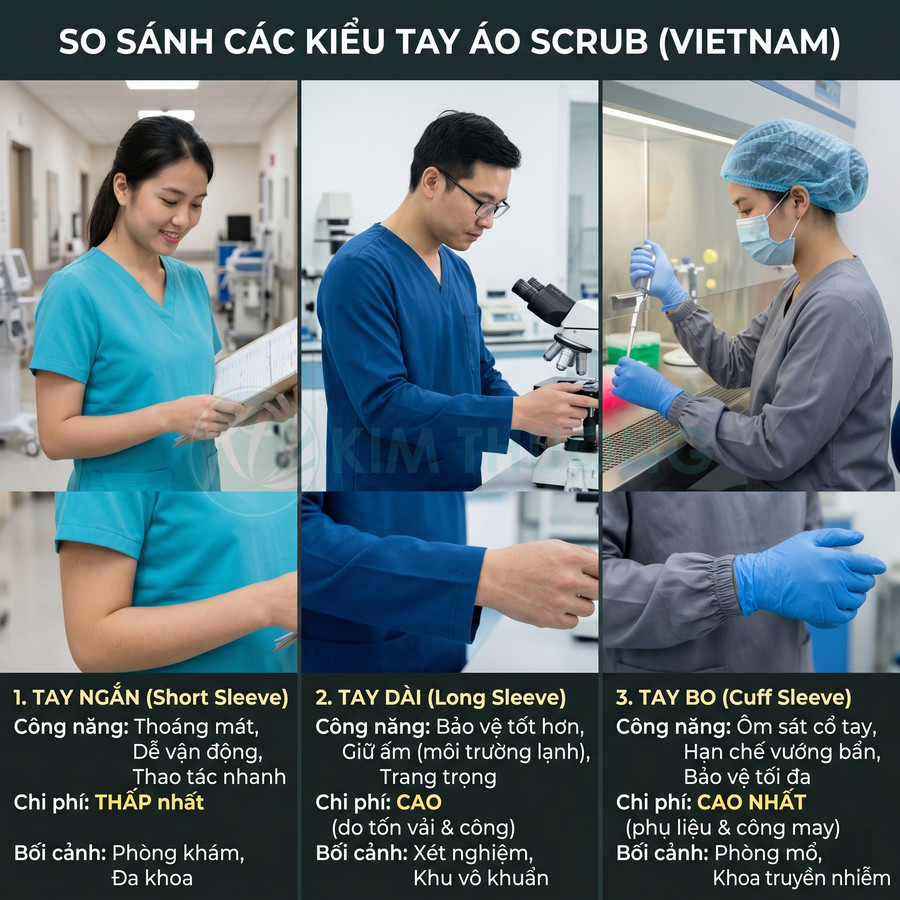 So sánh các kiểu tay áo scrub y tế Việt Nam tay ngắn tay dài và tay bo trong môi trường bệnh viện