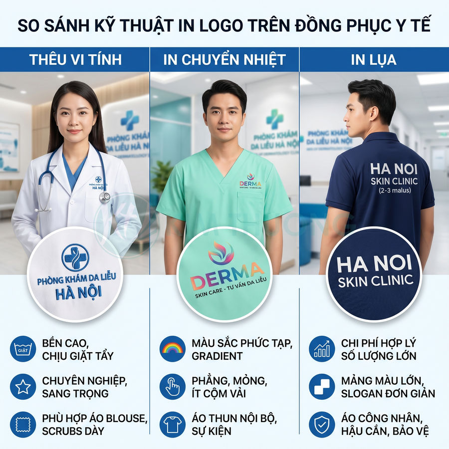 So sánh kỹ thuật in logo thêu vi tính, in chuyển nhiệt và in lụa trên đồng phục y tế