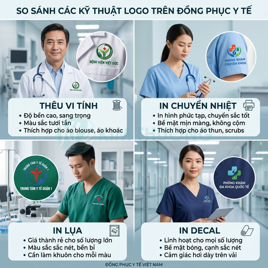So sánh các kỹ thuật in thêu logo trên đồng phục y tế: thêu vi tính, in chuyển nhiệt, in lụa, in decal