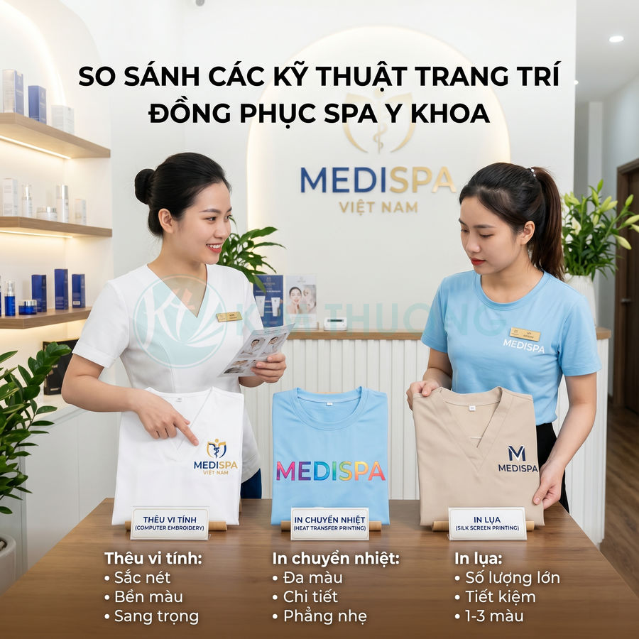 Nhân viên spa Medispa giới thiệu các mẫu đồng phục thêu vi tính, in chuyển nhiệt và in lụa trên bàn