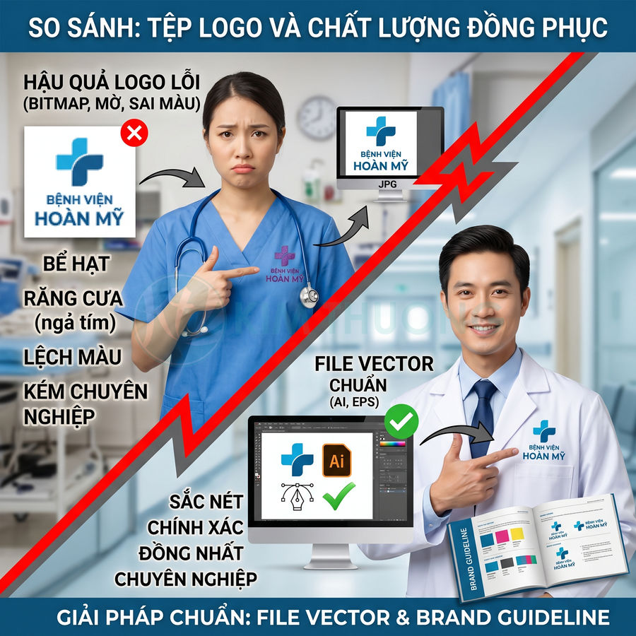 So sánh logo Bệnh viện Hoàn Mỹ in lỗi trên áo điều dưỡng và logo chuẩn vector trên áo bác sĩ chuyên nghiệp