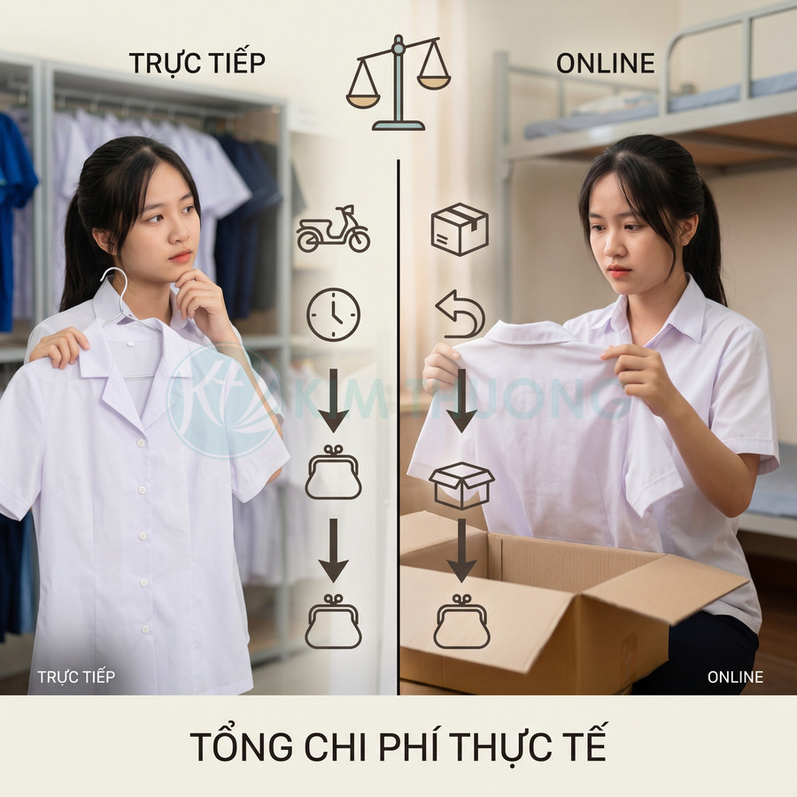 So sánh mua áo đồng phục học sinh trực tiếp tại cửa hàng và mua online qua hộp giao hàng