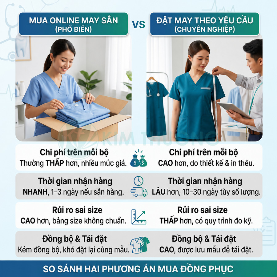 So sánh mua online đồng phục y tế may sẵn và đặt may theo yêu cầu cho nhân viên y bác sĩ