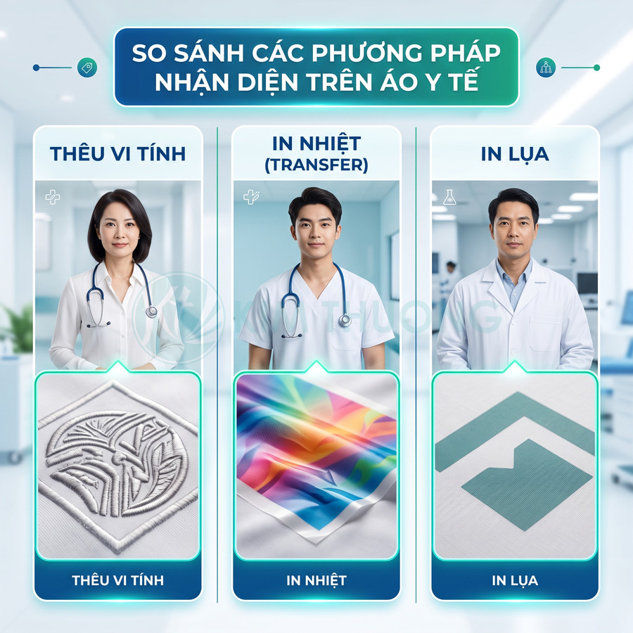 So sánh thêu vi tính, in nhiệt và in lụa trên áo blouse y tế với mẫu logo minh họa