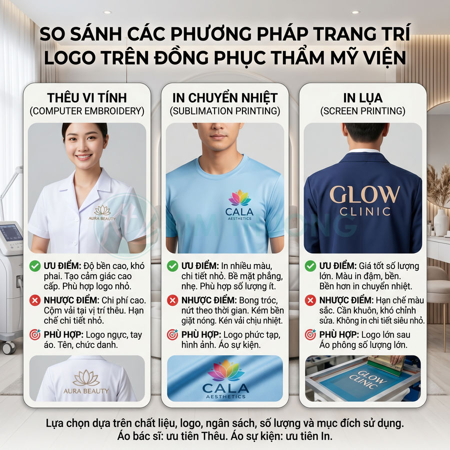 So sánh thêu vi tính, in chuyển nhiệt và in lụa logo trên đồng phục thẩm mỹ viện Aura, Cala, Glow