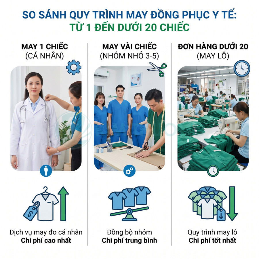 So sánh quy trình may đồng phục y tế theo số lượng, từ may cá nhân đến may lô dưới 20 chiếc và chi phí tương ứng