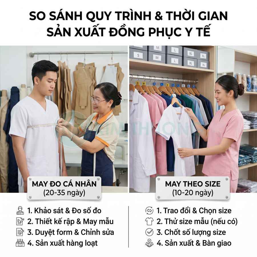 So sánh quy trình may đo cá nhân và may theo size đồng phục y tế cho nhân viên y khoa