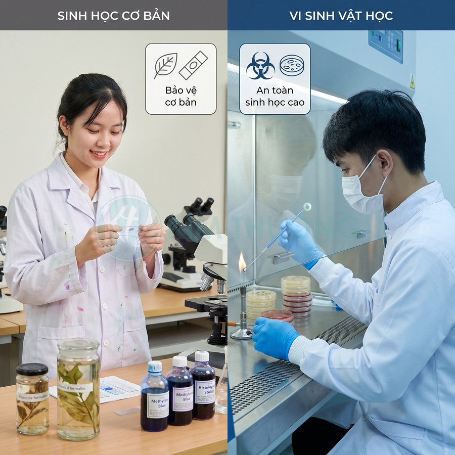 So sánh phòng thí nghiệm sinh học cơ bản và vi sinh vật học với mức độ an toàn sinh học khác nhau