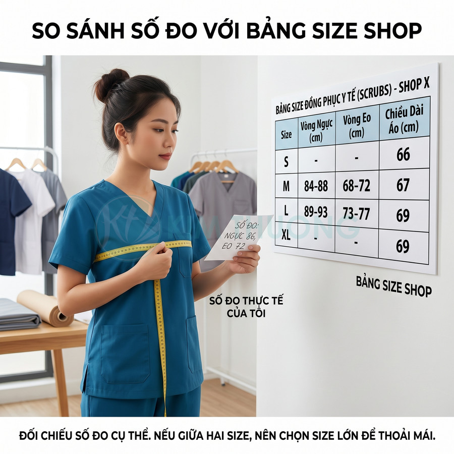 Nữ y tá mặc đồng phục y tế xanh đo vòng ngực bằng thước dây và so sánh với bảng size áo scrub trên tường
