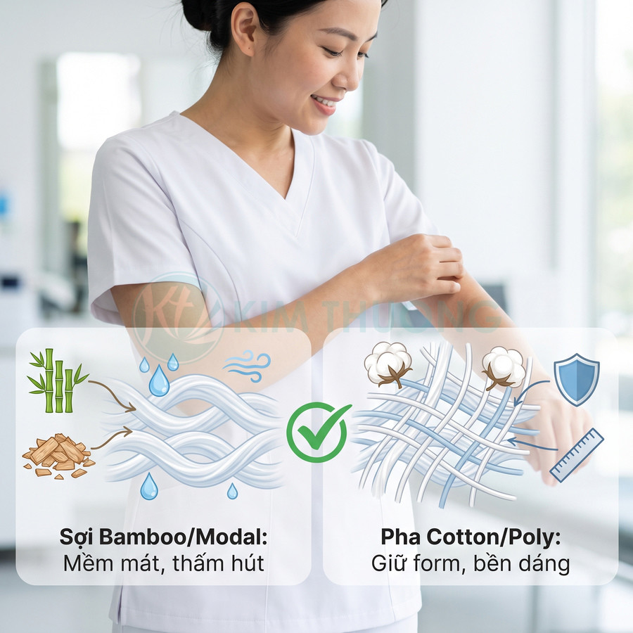 So sánh sợi Bamboo Modal mềm mát thấm hút với vải pha Cotton Poly giữ form bền dáng trên áo đồng phục y tế