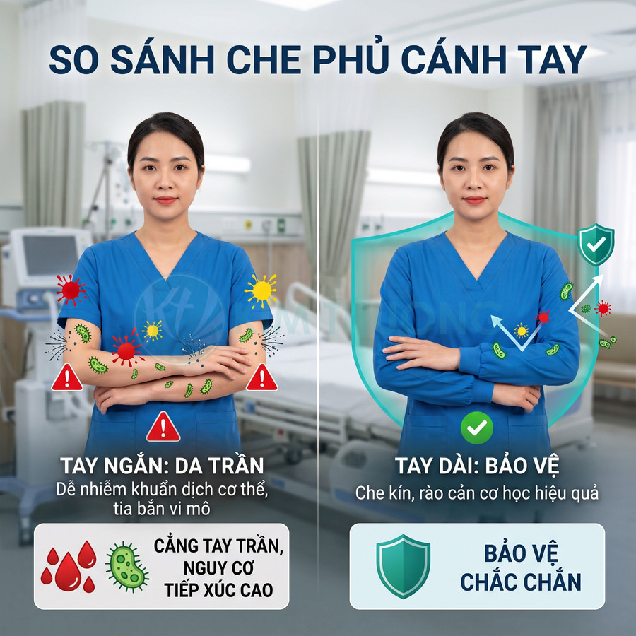 So sánh đồng phục y tá tay ngắn và tay dài, nhấn mạnh tay dài che kín cánh tay giúp bảo vệ khỏi vi khuẩn