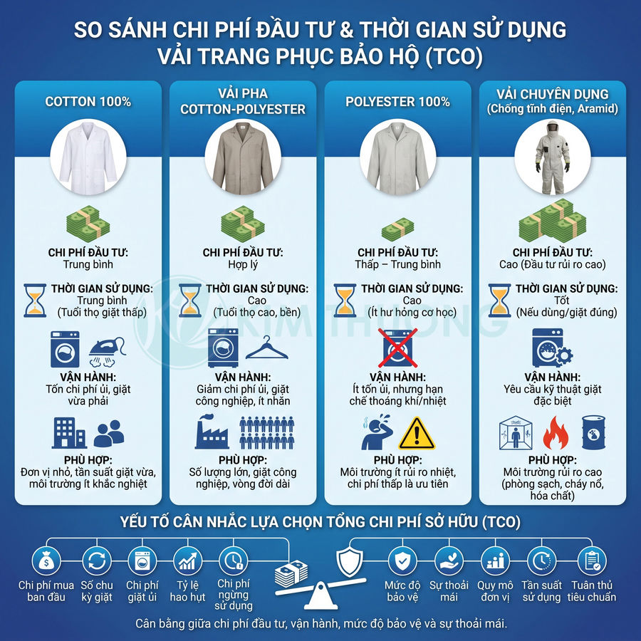 Bảng so sánh chi phí đầu tư và thời gian sử dụng vải cotton, cotton polyester, polyester và vải bảo hộ chuyên dụng
