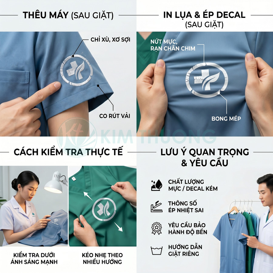 So sánh thêu logo và in decal trên áo đồng phục y tế, hướng dẫn kiểm tra chất lượng sau giặt