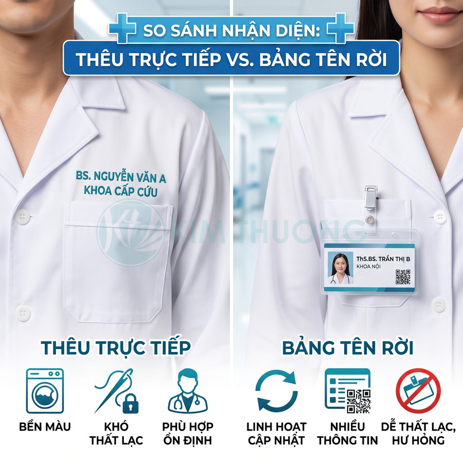 So sánh áo blouse thêu tên trực tiếp và áo blouse gắn bảng tên rời cho bác sĩ trong bệnh viện