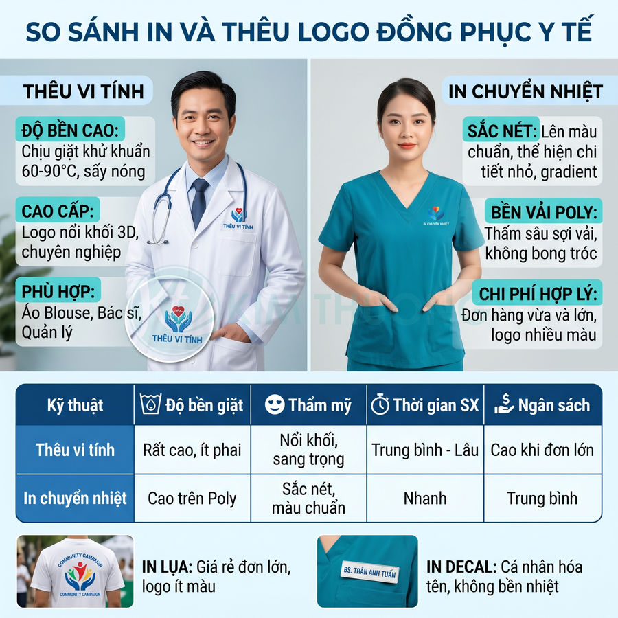 So sánh các kiểu in thêu logo trên đồng phục y tế Việt Nam với bác sĩ, y tá mặc áo scrub và blouse