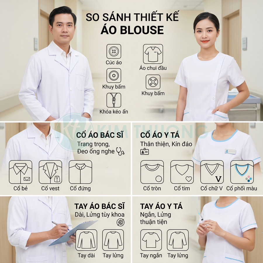 So sánh thiết kế áo blouse bác sĩ và áo y tá với các kiểu cổ áo và tay áo khác nhau