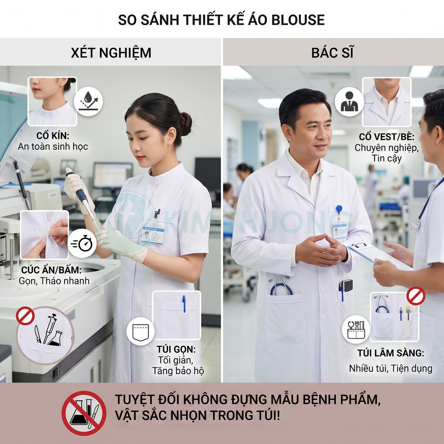 So sánh thiết kế áo blouse xét nghiệm cổ kín và áo blouse bác sĩ cổ vest trong phòng khám