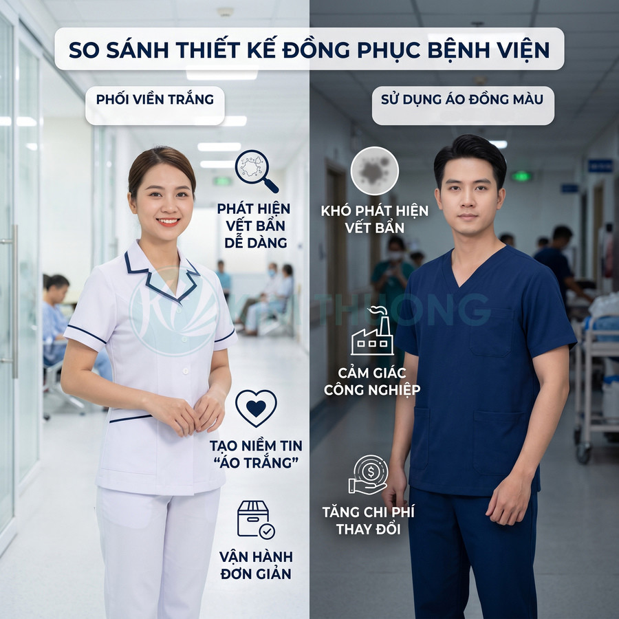 So sánh đồng phục bệnh viện với nữ y tá mặc áo trắng và nam điều dưỡng mặc đồ scrubs xanh navy
