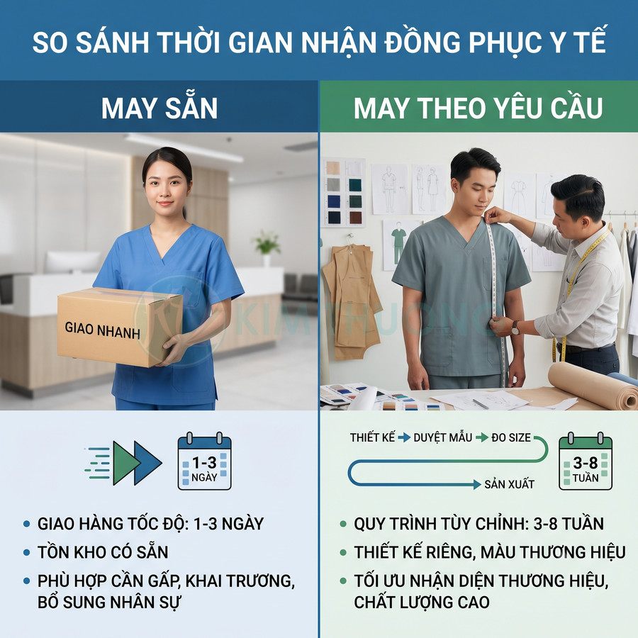 So sánh đồng phục y tế may sẵn giao nhanh và may theo yêu cầu đo size, thiết kế riêng