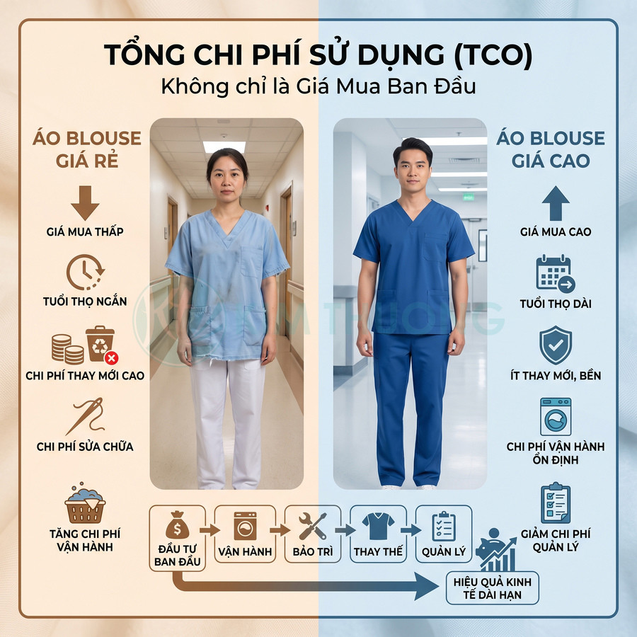 So sánh tổng chi phí sử dụng áo blouse y tế giá rẻ và giá cao, từ độ bền đến chi phí bảo trì và vận hành