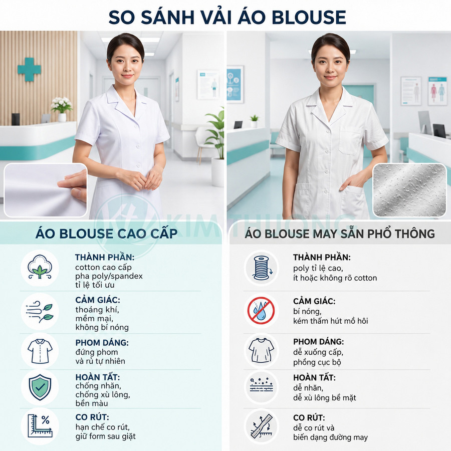 So sánh áo blouse cao cấp và áo blouse may sẵn phổ thông cho nhân viên y tế trong bệnh viện